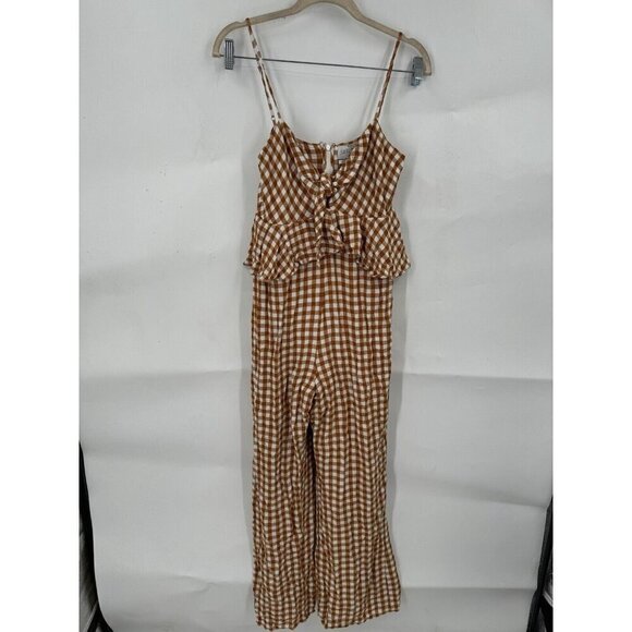 Saylor Jumpsuit Women Medium Orange White Bohemian Wide Leg Western Gingham RTR - Picture 2 of 15